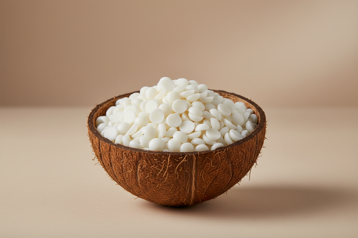 cera para vela em formato de pastilha, dentro de uma casca de coco seca. bem clean e sofisticado